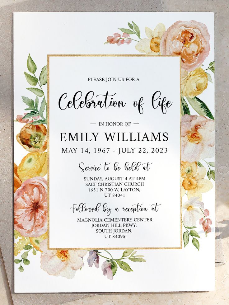 Celebration of Life Invitation, Elegant Yellow Floral Funeral Invite ...