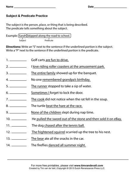 Subject and Predicate Worksheet #3 Language Arts Worksheets, English ...