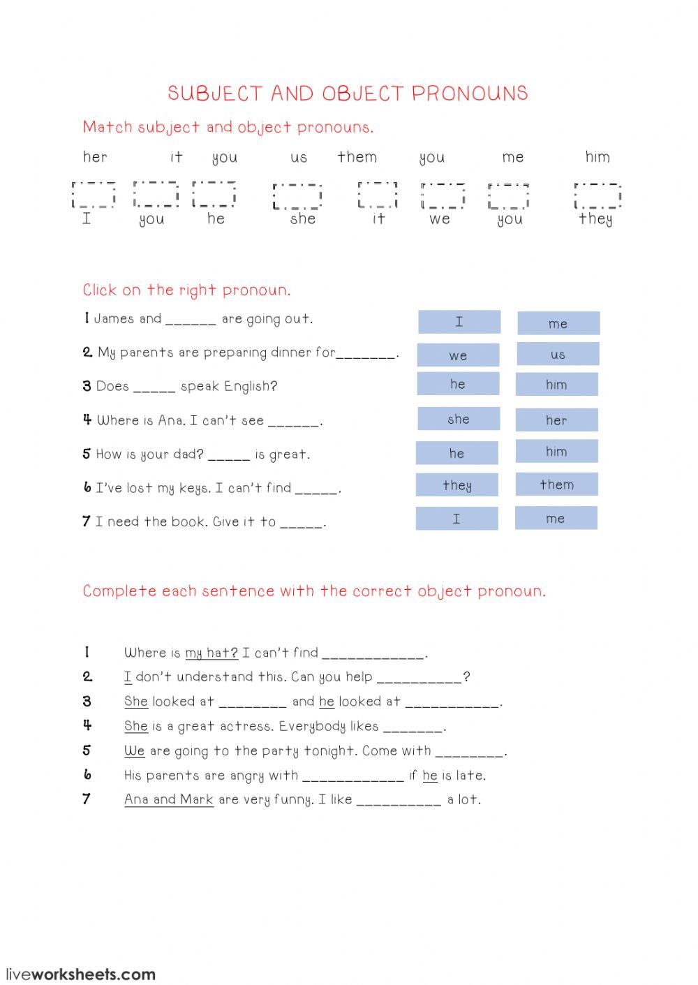 subject and object pronouns interactive and downloadable worksheet. You ...