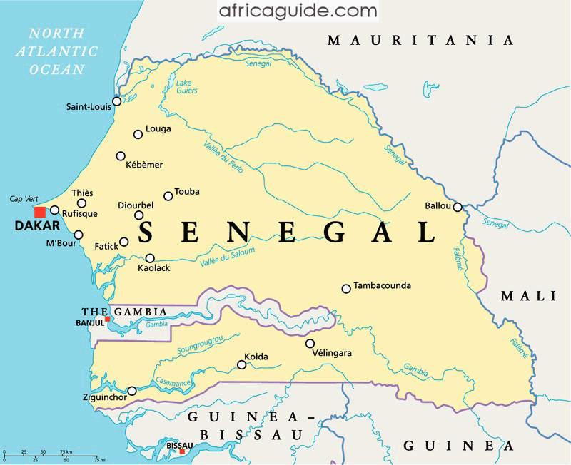 Senegal map with capital Dakar Africa Map, Africa Travel, West Africa ...