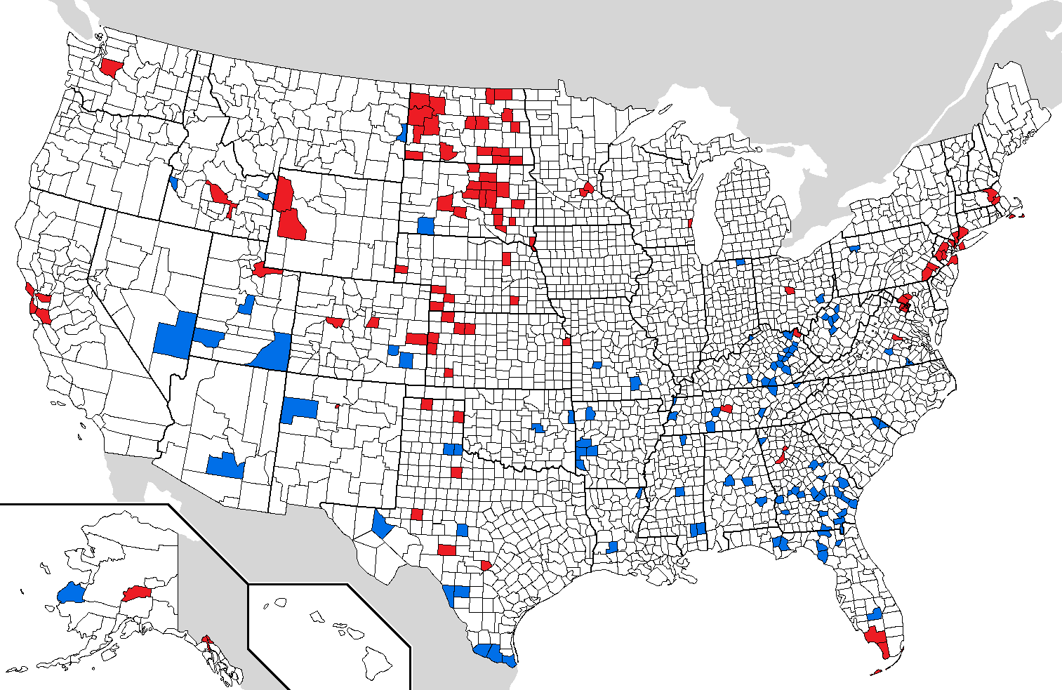 100 richest (red) vs.100 poorest (blue) counties in the USA by per ...