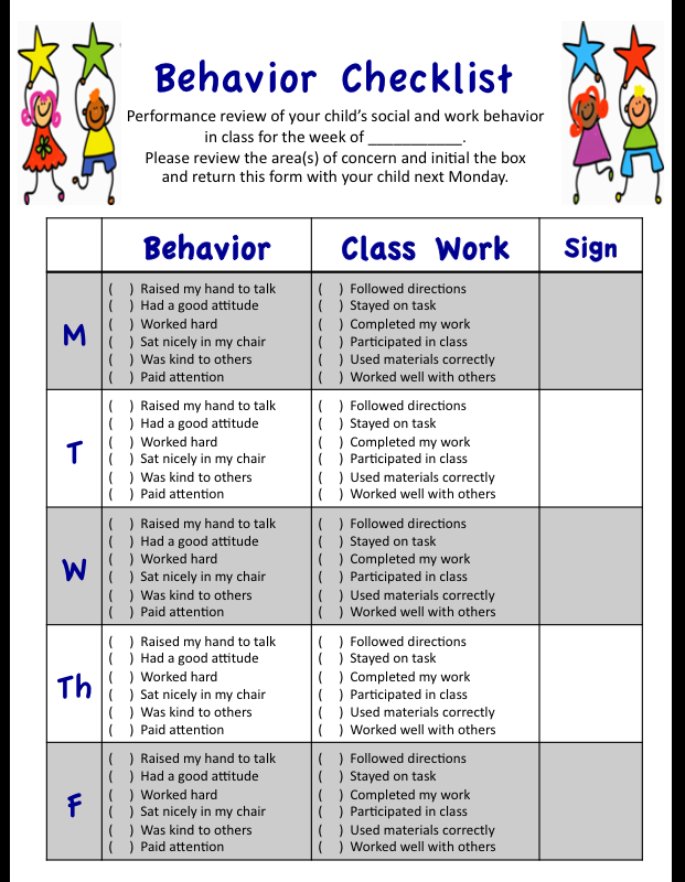 My weekly behavior checklist for students' social and academic ...