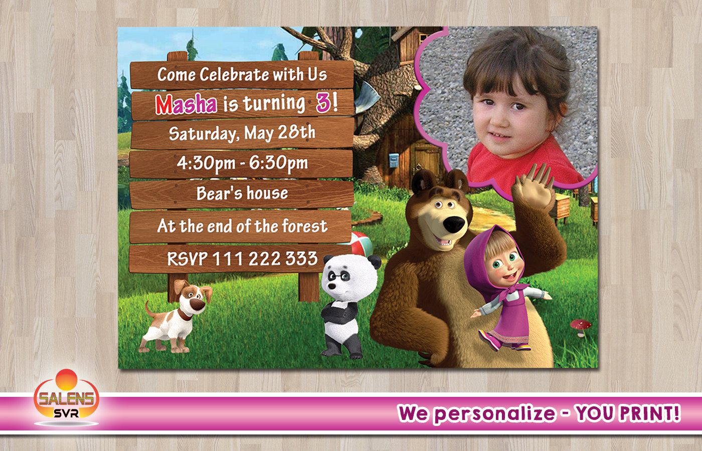 Masha and the Bear Birthday Invitation - Photo invitation - Birthday ...