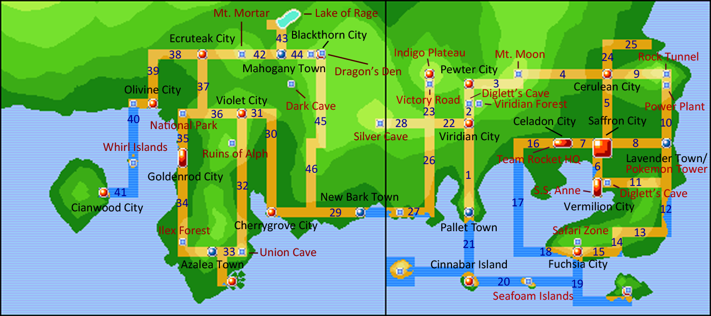 Map of Kanto and Johto, for reference in naming parts of the map. Tower ...