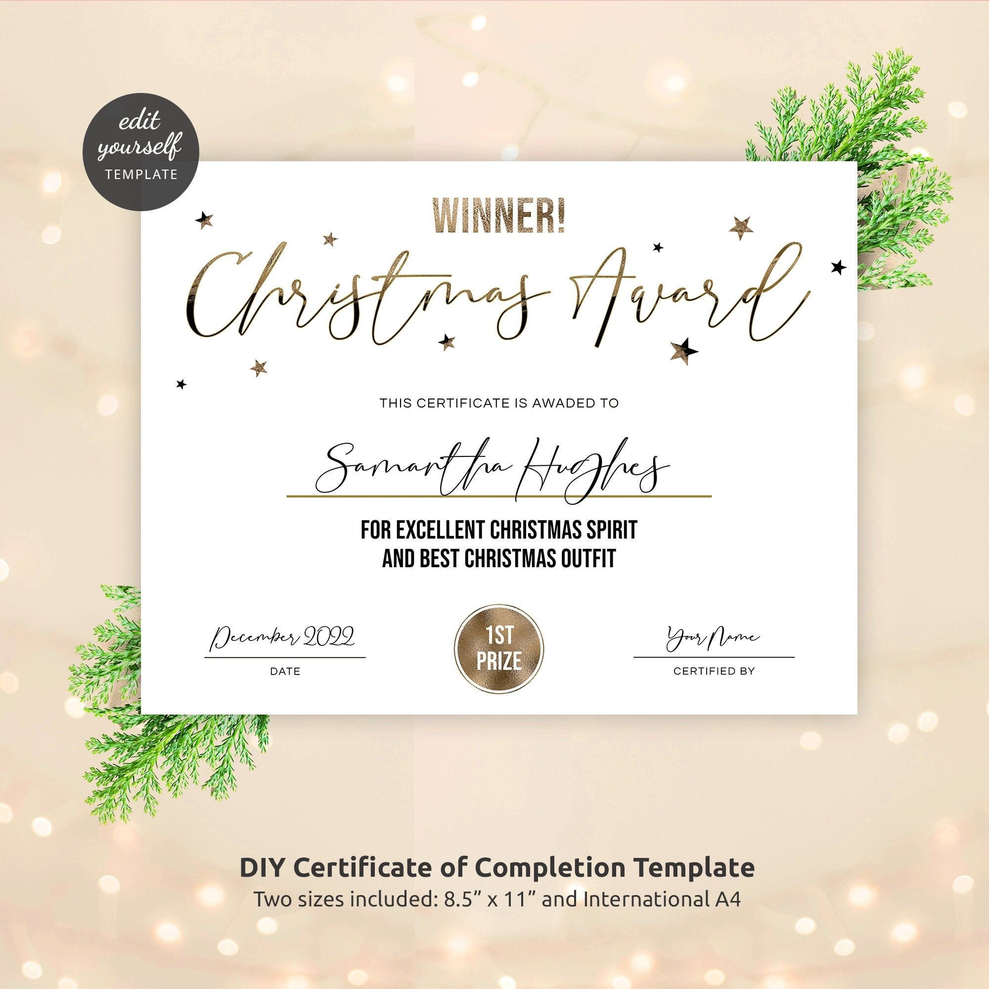 Christmas certificate template festive participation award editable ...