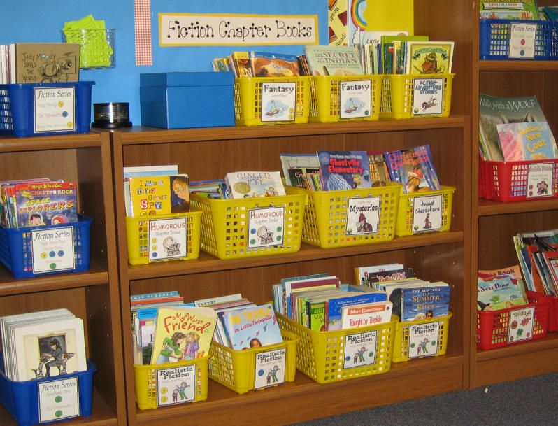 classroom library uses color coded bins to seperate fiction/nonfiction ...