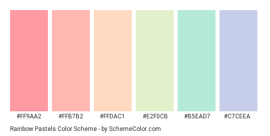 Download Rainbow Pastels color scheme consisting of #FF9AA2, #FFB7B2,  #FFDAC1, #E2F0CB, #B5EAD7 an… | Hex color palette, Pastel colour palette, Color  palette design