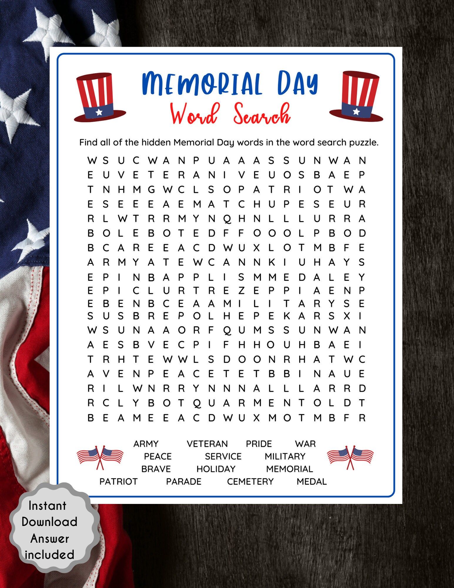 Memorial day word search game game for kids adults memorial day party ...