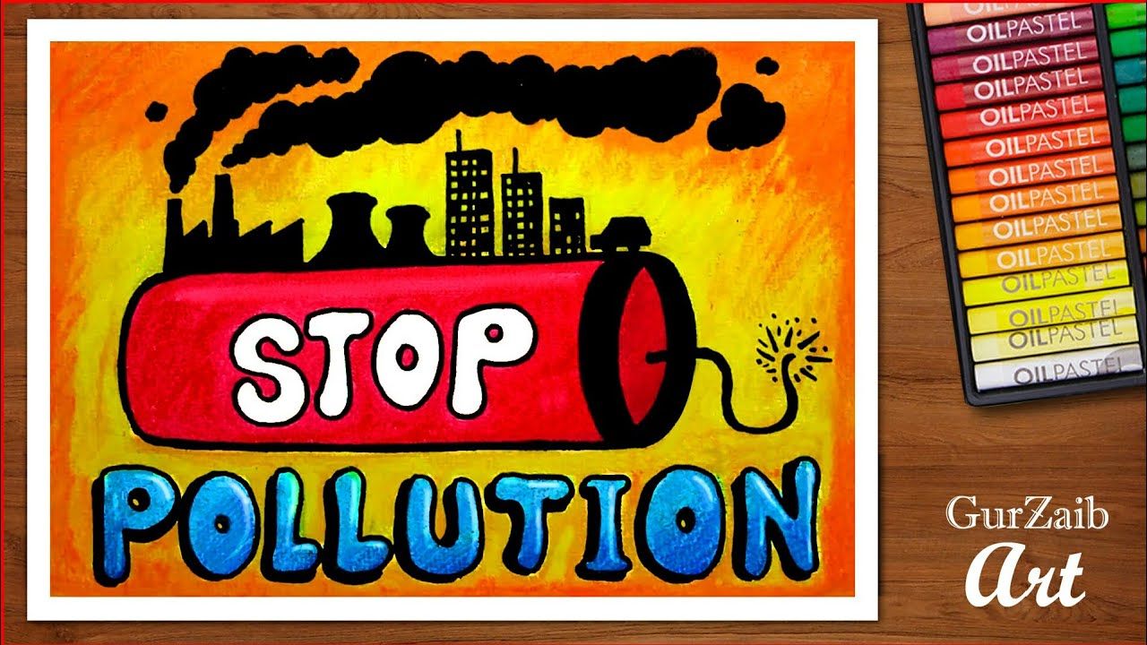 how to draw stop pollution poster chart for school students - step by ...