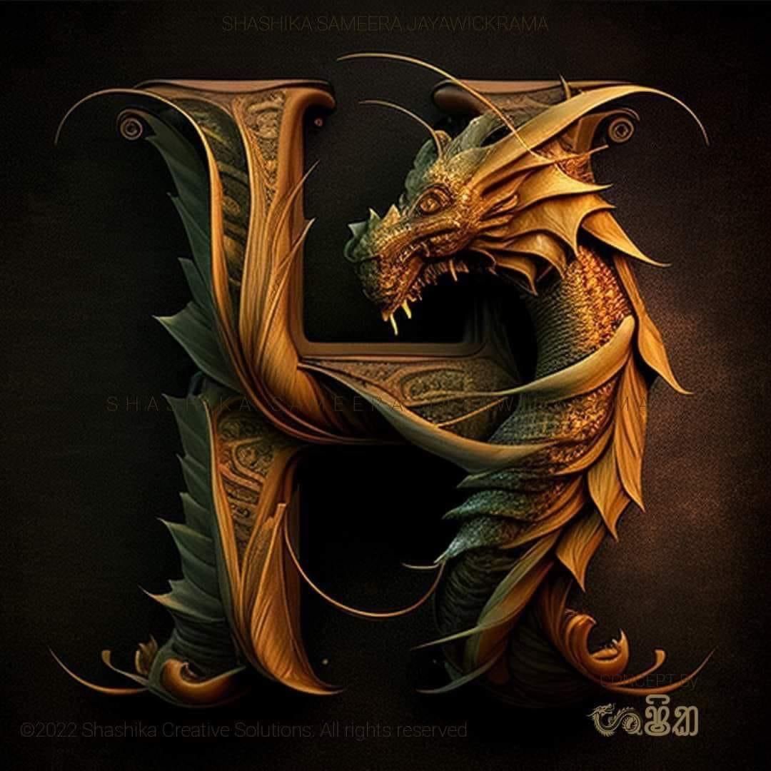 the letter e is made up of gold and green dragon like shapes, with ...