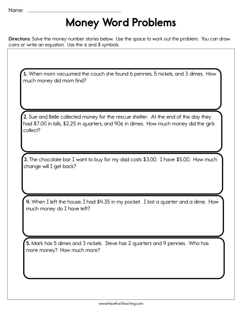 Solving Money Word Problems Worksheet - Have Fun Teaching | Money word ...