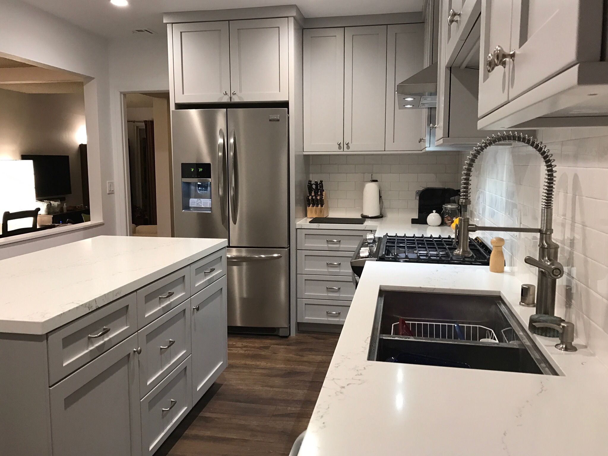 Grey kitchen from our renovation. White quartz countertops