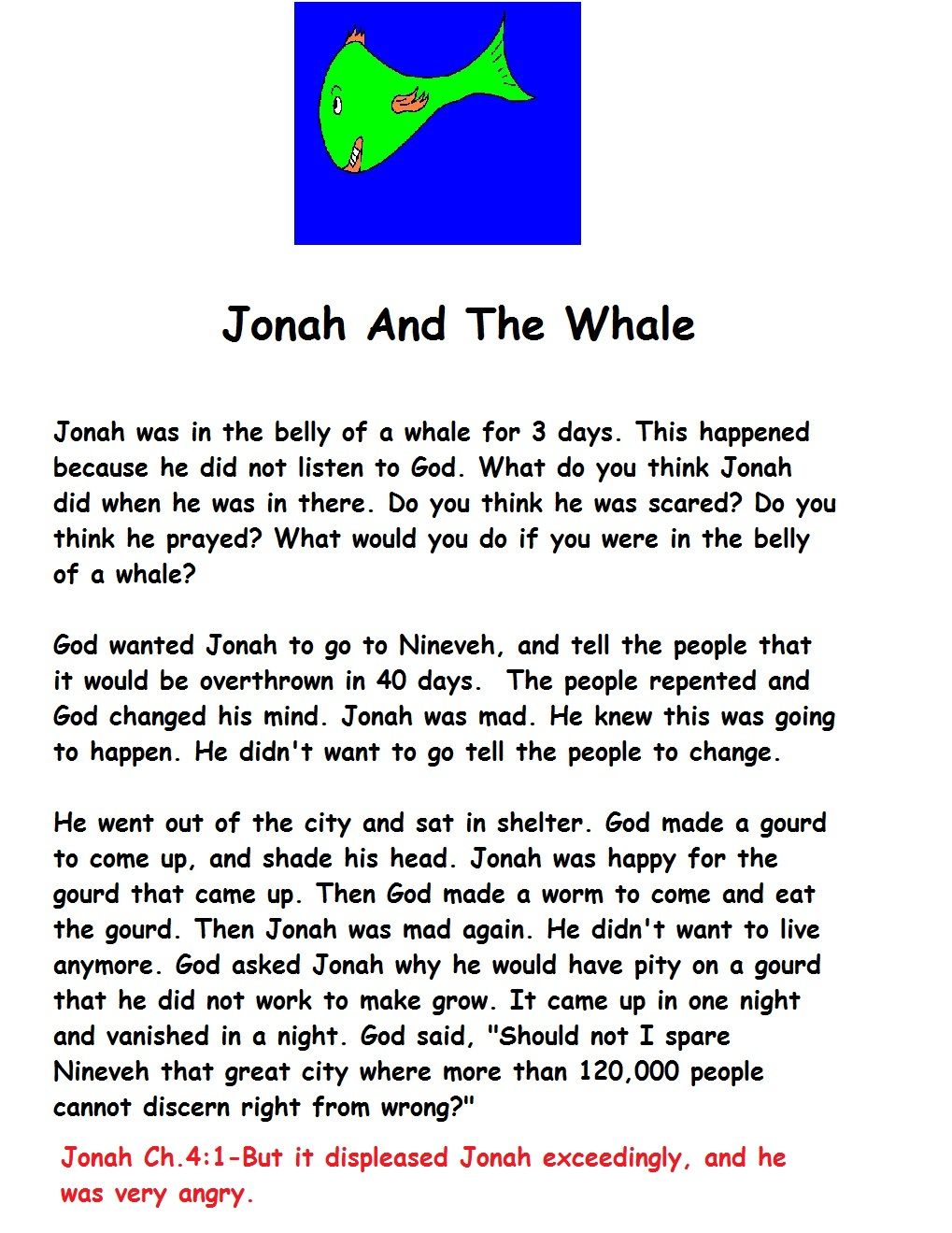 Jonah And The Whale Bible Story Printable