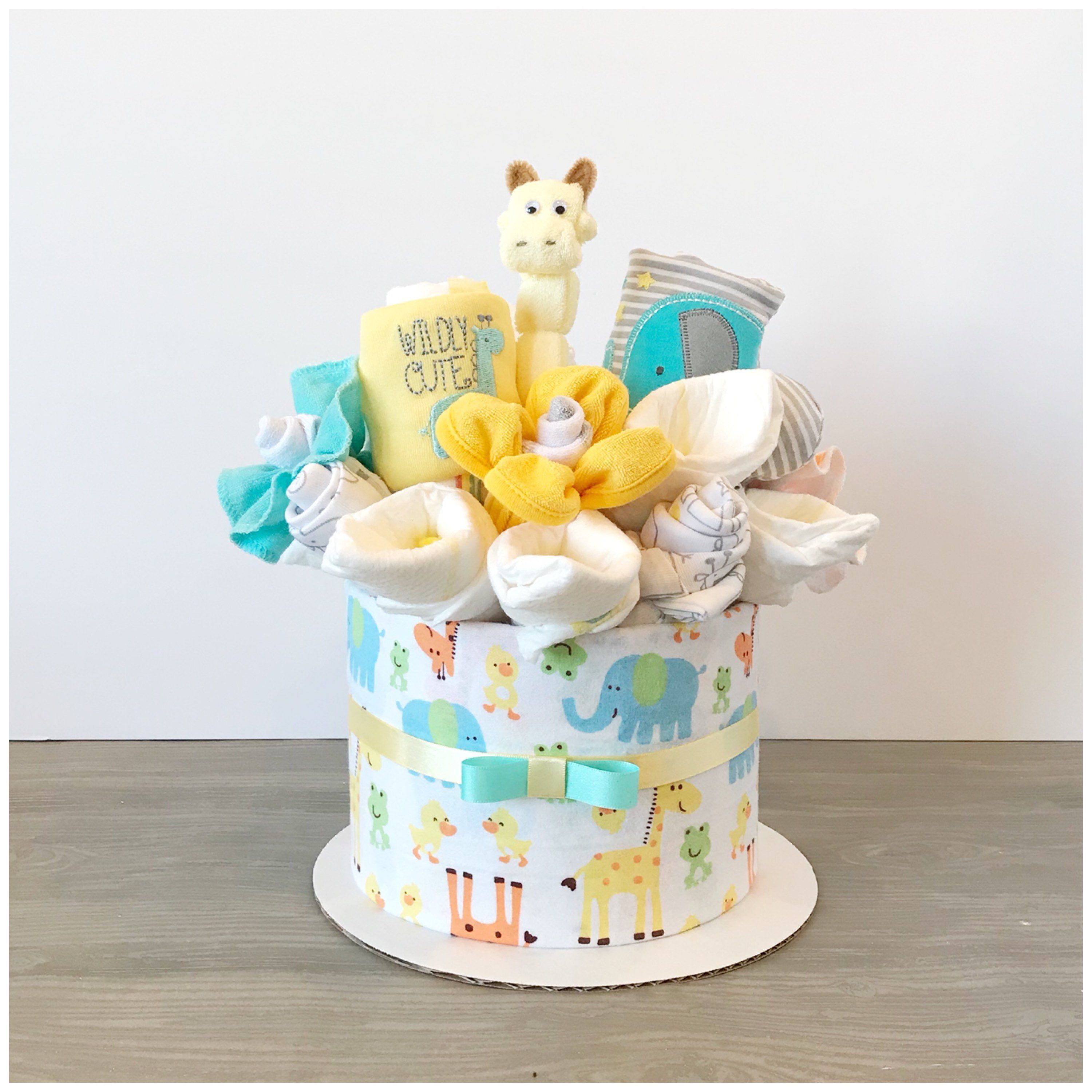 Gender Neutral Mid-Sized Single Tier Diaper Cake | Baby shower baskets ...