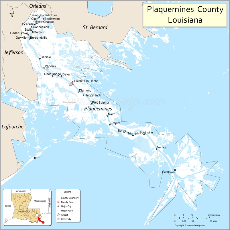 Map of Plaquemines Parish, Louisiana showing cities, highways ...