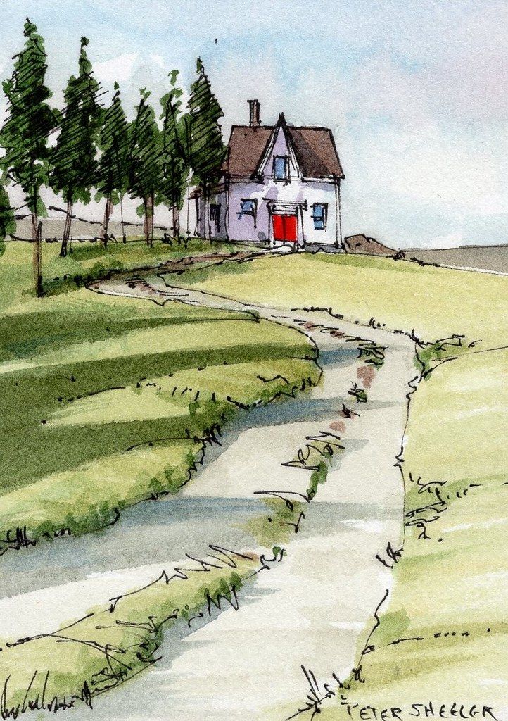 Watercolor Landscape Drawing: House on Hill with Stream