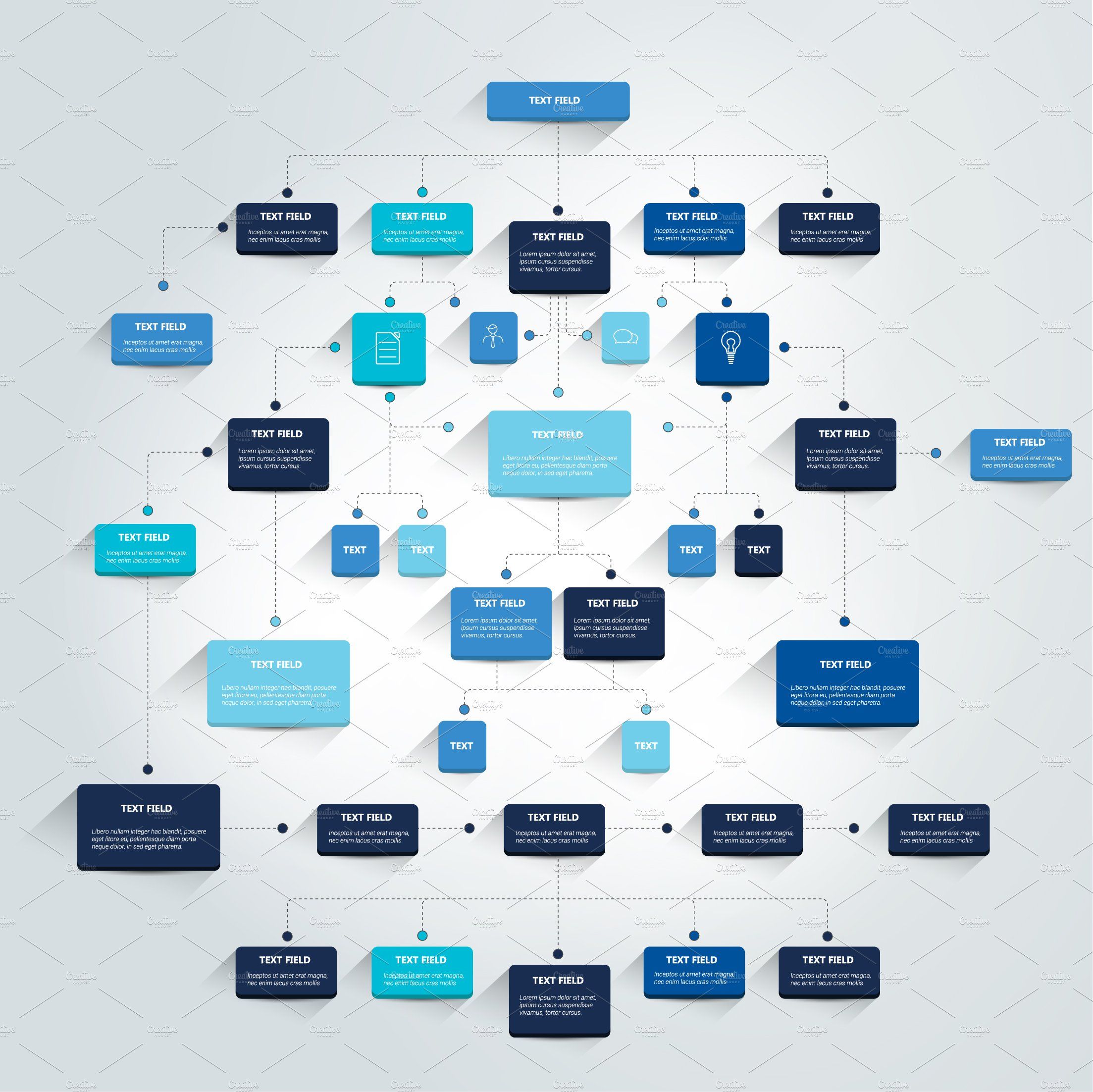 a blue and white flow diagram with many options