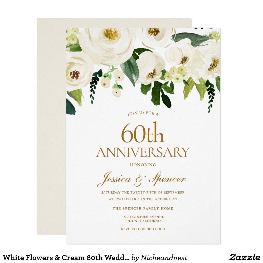 White Flowers & Cream 60th Wedding Anniversary Invitation | Zazzle.com ...