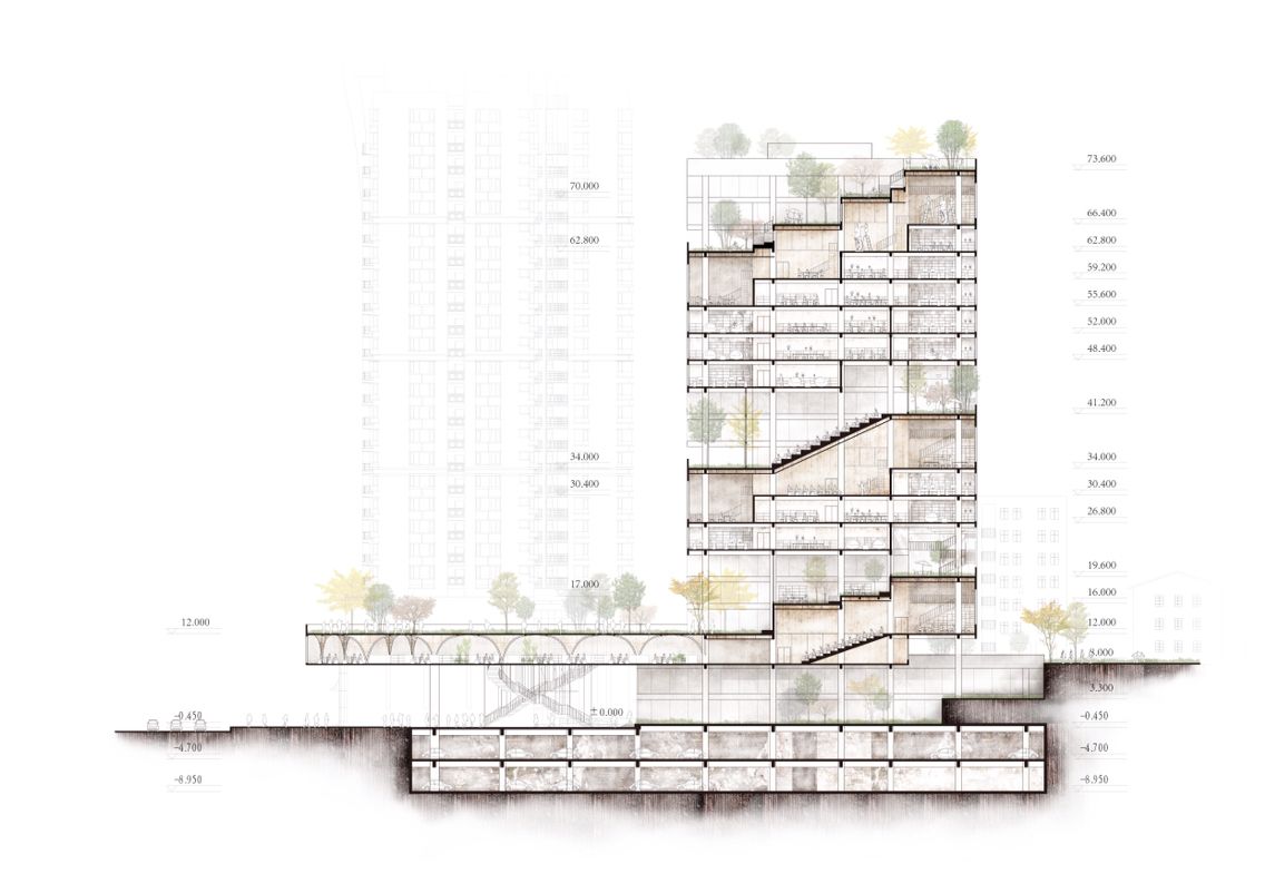 an architectural drawing of a building that has stairs and trees on the ...