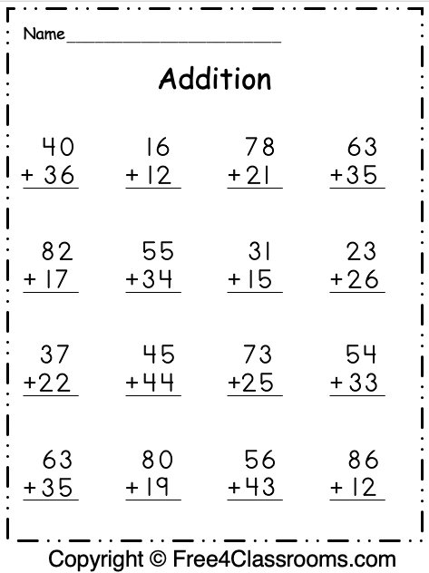 Free 2 Digit Addition Math Worksheet – Free4Classrooms | Math addition ...