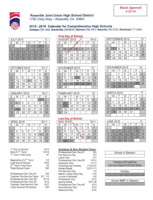 Roseville School District Calendar 21 22 20152016 School Calendar for Roseville CA Joint Union High School