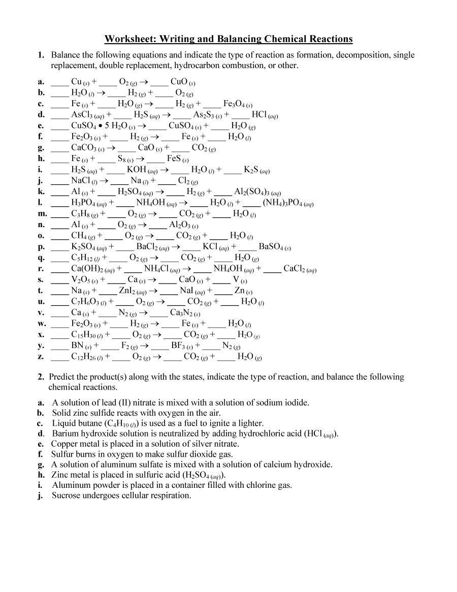 Chemical Reactions Worksheet With Answers image.