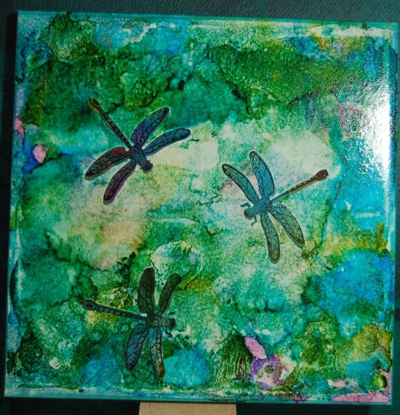 Three Dragonflies Unique Handmade Alcohol Ink Tile Trivet | Etsy ...