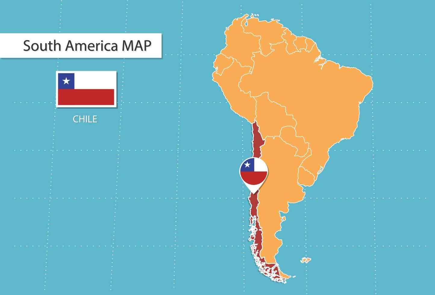 mapa de chile en américa, íconos que muestran la ubicación de chile y ...