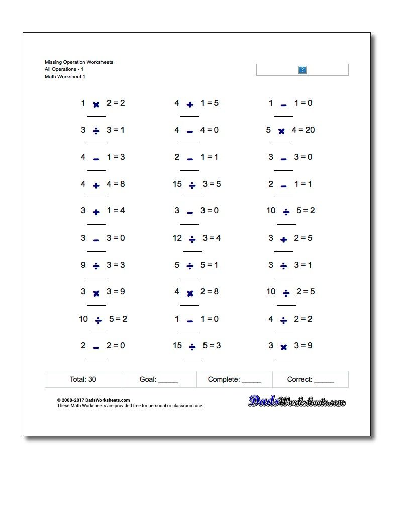 Missing Operations This section provides math worksheets where the ...