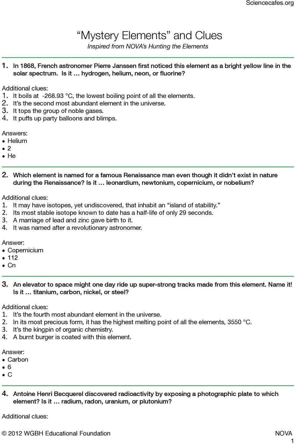 Nova Hunting The Elements Worksheet Answers