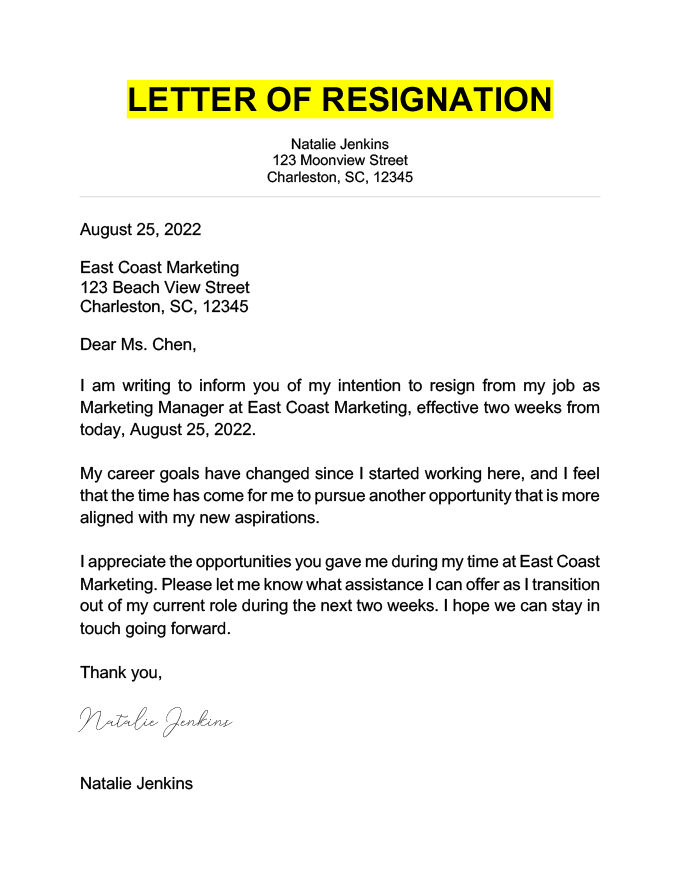 Resignation letter example Employee Resignation Letter, Professional ...