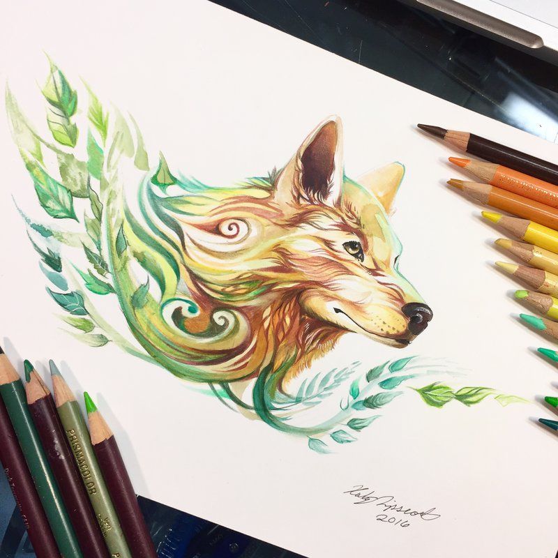 a drawing of a fox with green leaves on it's head, surrounded by ...