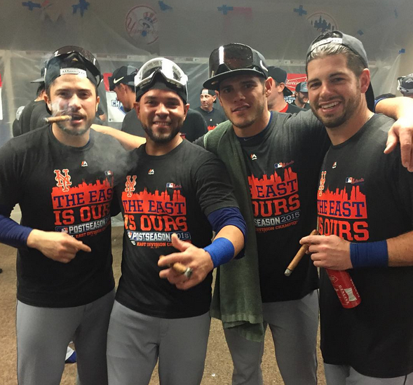 The Mets Catchers celebrating the win! Travis d'Arnaud, Johnny Monell ...