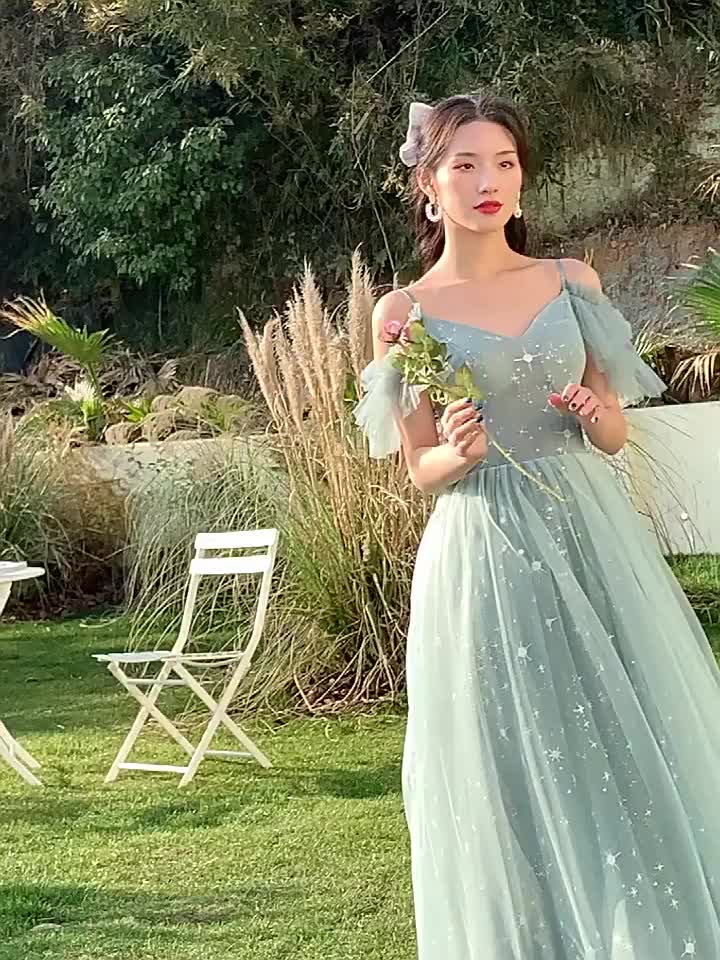 This contains an image of: Mint Green Boho Wedding Long Bridesmaid Dress with Sleeves