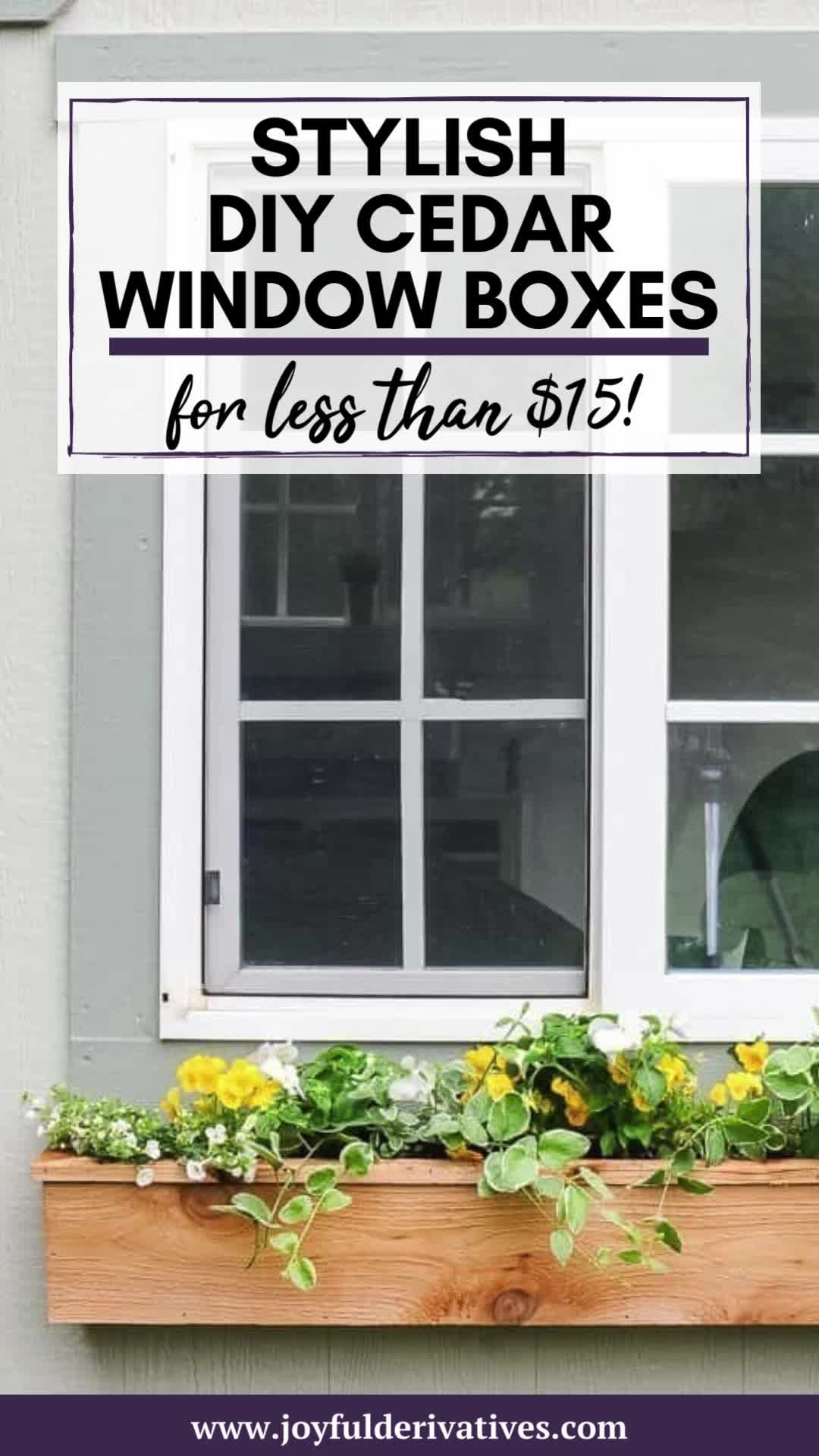 This may contain: a window box with flowers in it and the words stylish diy cedar window boxes for less than $ 15