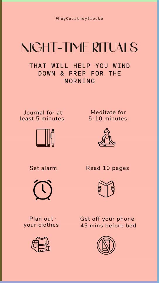 Rituals for her to help you build a simple night time routine before bed. Use one or more of this night time routine ideas to create a simple routine for yourself that girl routine / stress-relief . Icons by Smashicons, Freepik & CreativeComs