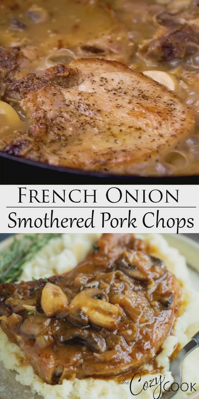 This may contain: french onion smothered pork chops with gravy on top