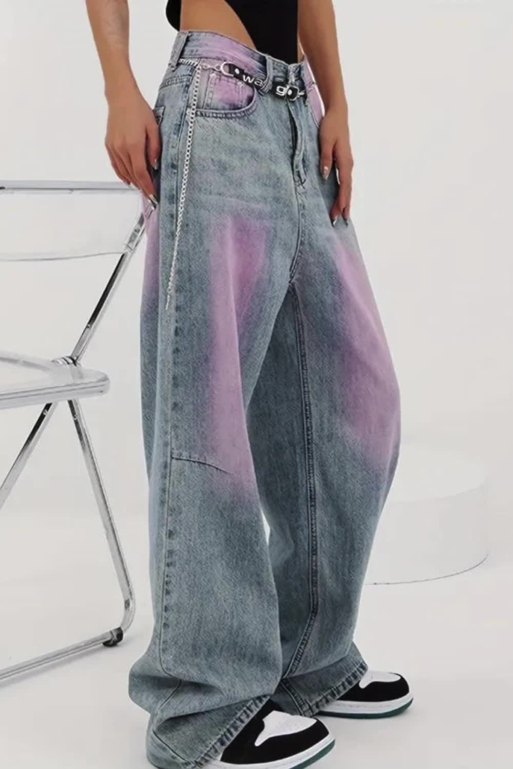 Women's Vintage High-Waisted Purple Color Block Detail Wide-Leg Denim Jeans, Loose Fit Casual Streetwear Pants For Fashion-Forward Outfits