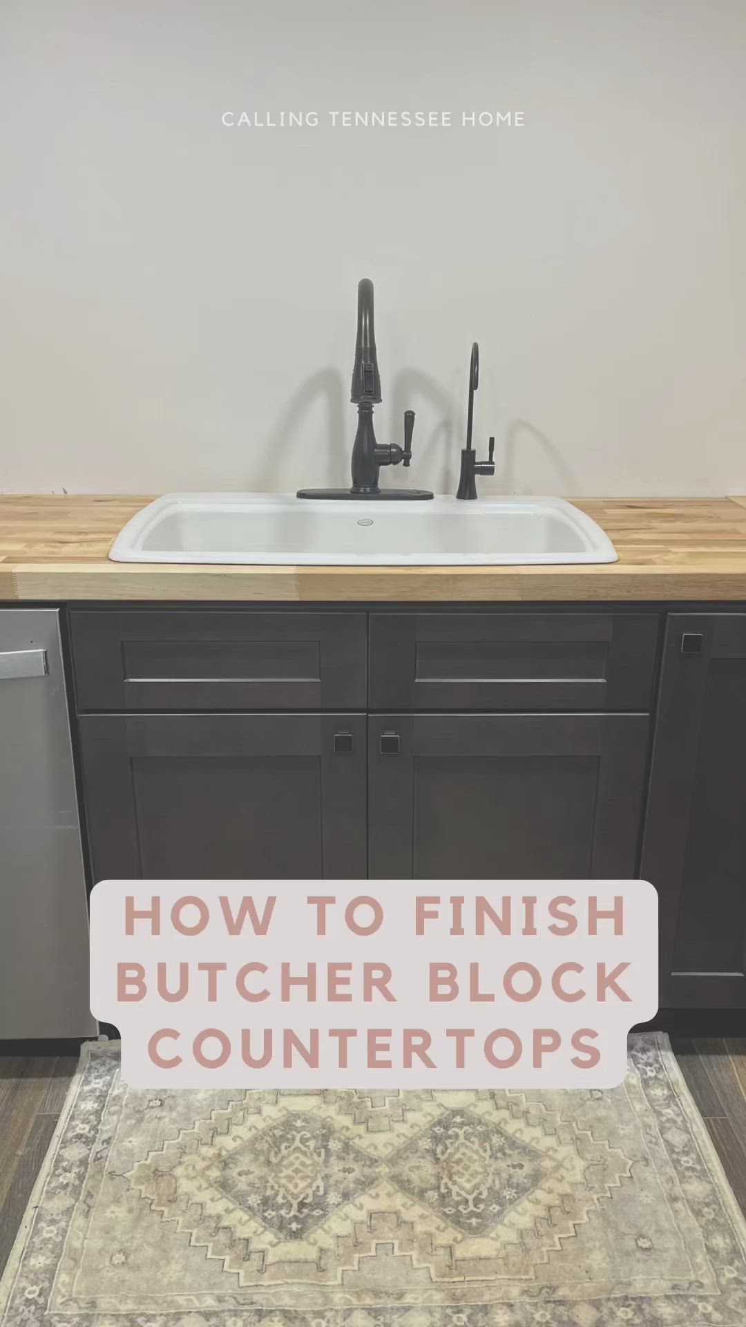 This may contain: a kitchen sink with the words how to finish butcher block countertops