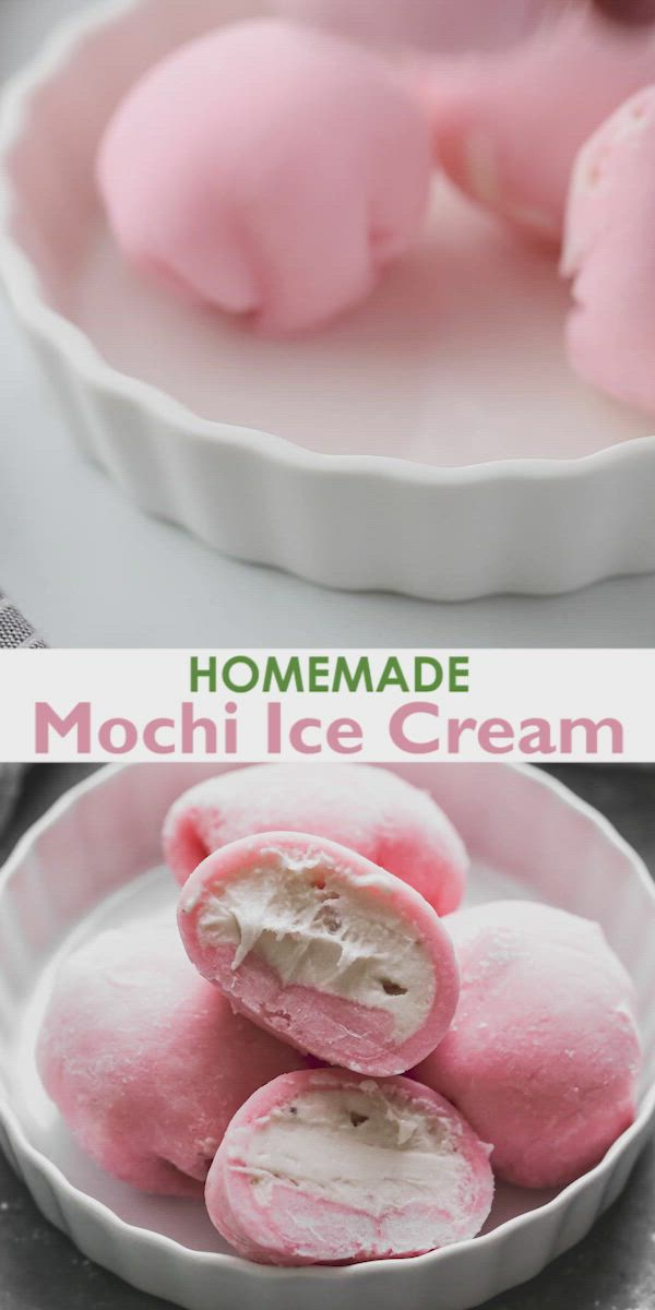 This may contain: homemade mochi ice cream in a white bowl with pink marshmallows on top