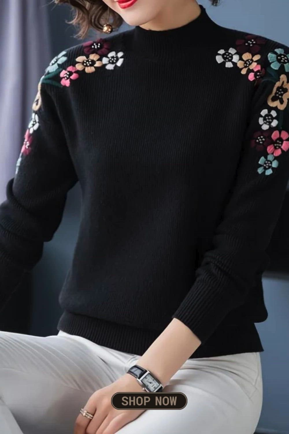 Elevate your casual style with this charming floral pattern mock neck knit sweater. The intricate design and cozy fabric make it a perfect choice for the season. This long sleeve pullover sweater effortlessly blends comfort and elegance, ensuring a fashionable statement for any occasion.