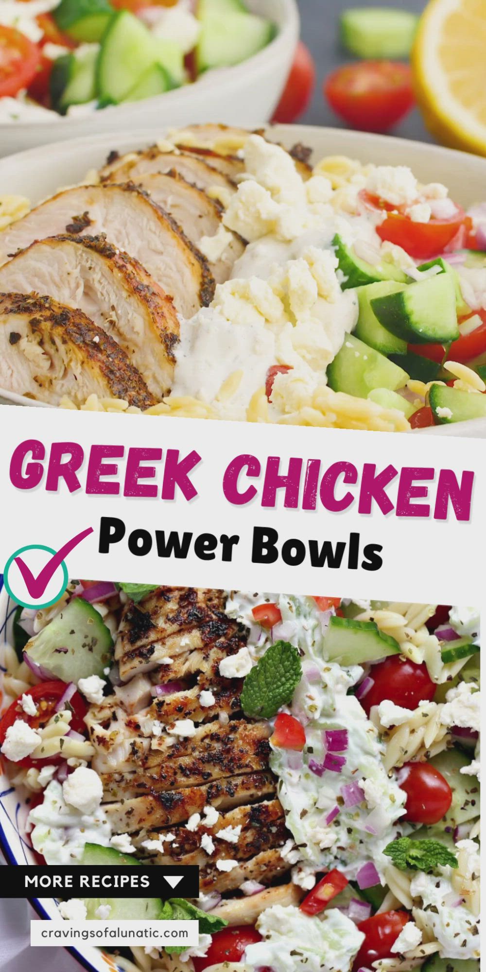 This contains: Collage image featuring a video of a Greek chicken power bowl being made. Also, an Overhead image of a Greek chicken orzo power bowl. It’s served in a multicoloured bowl on a white napkin.