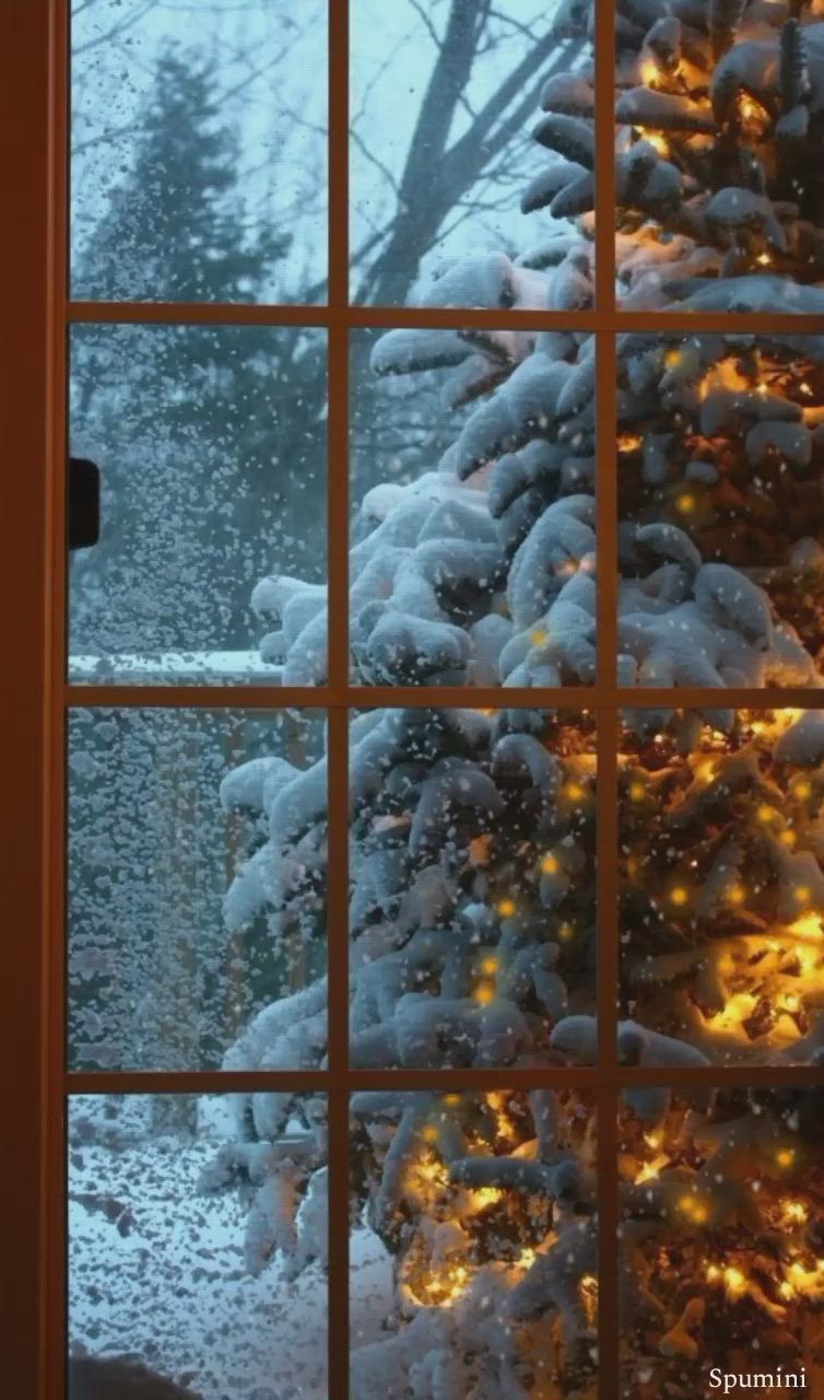 This may contain: a christmas tree is seen through an open window with snow on the ground and trees outside