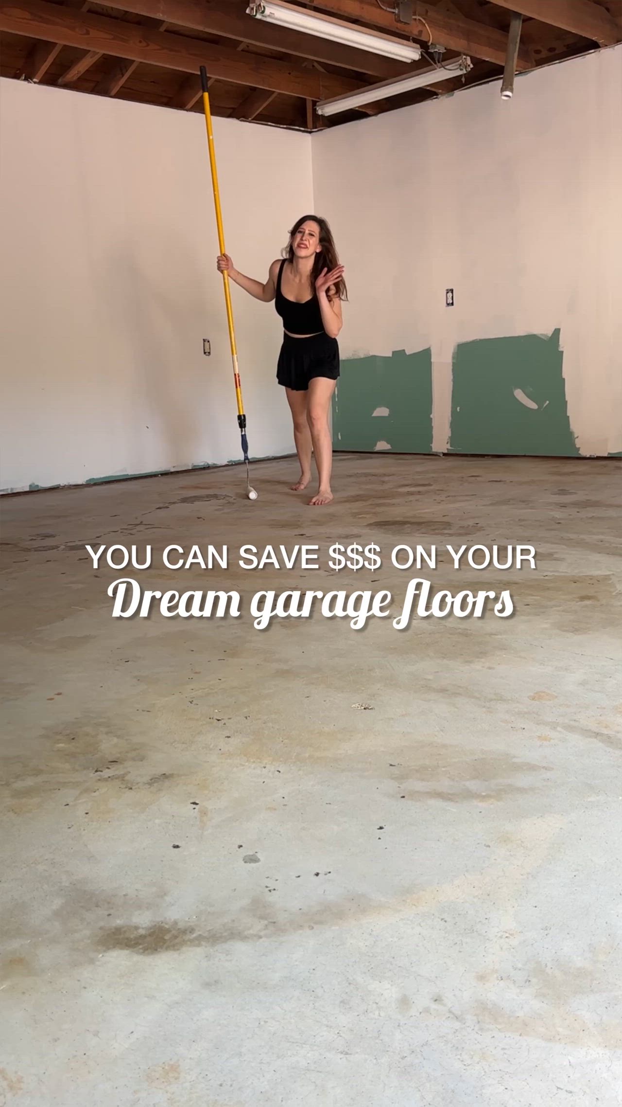 This may contain: a woman holding a baseball bat while standing in an empty garage with the words you can save $ $ $ on your dream garage floors