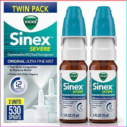 The Power of Vicks - the world's #1 selling cough and cold brand! Get instant, 12-hour relief from nasal congestion and sinus pressure with Vicks Sinex Severe! Relieves sinus pressure and nasal congestion by reducing swelling in the sinuses. This decongestant nasal spray targets congestion where you need it most, your nose! With a powerful decongestant medicine called oxymetazoline, this product is one of the best options for treating severe sinus symptoms caused by a cold or seasonal allergy