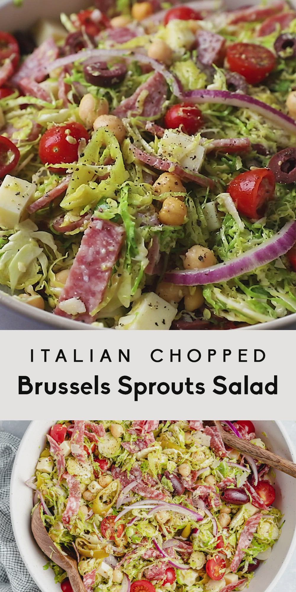 This may contain: two pictures with different types of salads in them and the title above it reads italian chopped brussels sprouts salad