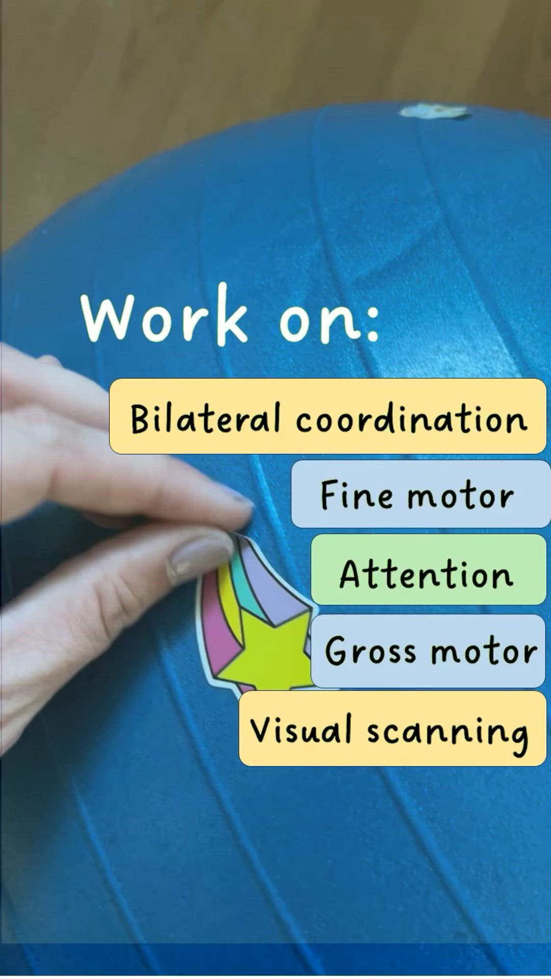 Need a way to keep your kid occupied and support skill development?? Try this out to work on: 🖍️bilateral coordination (use 2 hands to roll and find stickers!) 🖍️fine motor coordination and dexterity (use the fingers to roll the ball with only one hand at a time AND use a pincer grasp to peel the stickers!) 🖍️visual scanning (search the ball to find all the stickers!) 🖍️gross motor coordination and core strength (have the child sit on the ball or lay on their belly while they peel off sticke