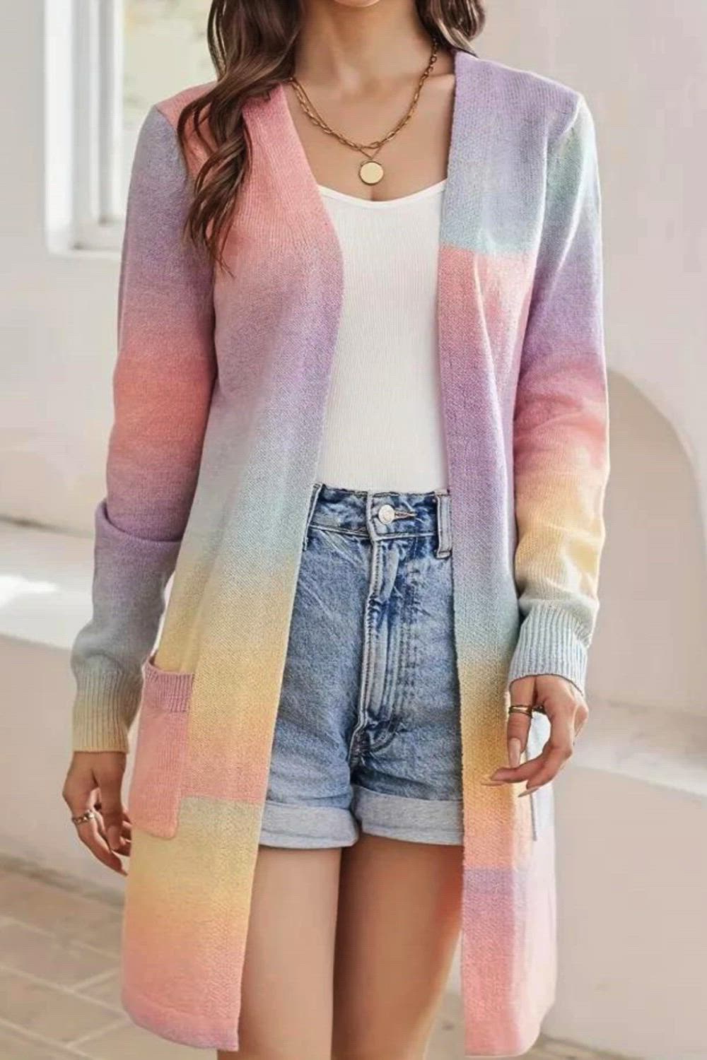 Ombre Open Front Knit Cardigan, Elegant Long Sleeve Mid Length Sweater With Pocket