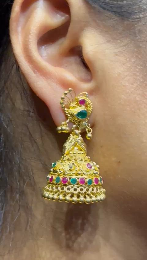 Temple Jewellery - 22K Gold "Peacock" Jhumkas (Buttalu) - Gold Dangle Earrings With Color Stones. Traditional 22K gold jhumkas now available @Totaram.com - visit us to explore our unique jhumka collection. Call us @732-228-6300 for assistance. Our gold jewelry is hallmarked and we ship to all US locations. #TotaramJewelers