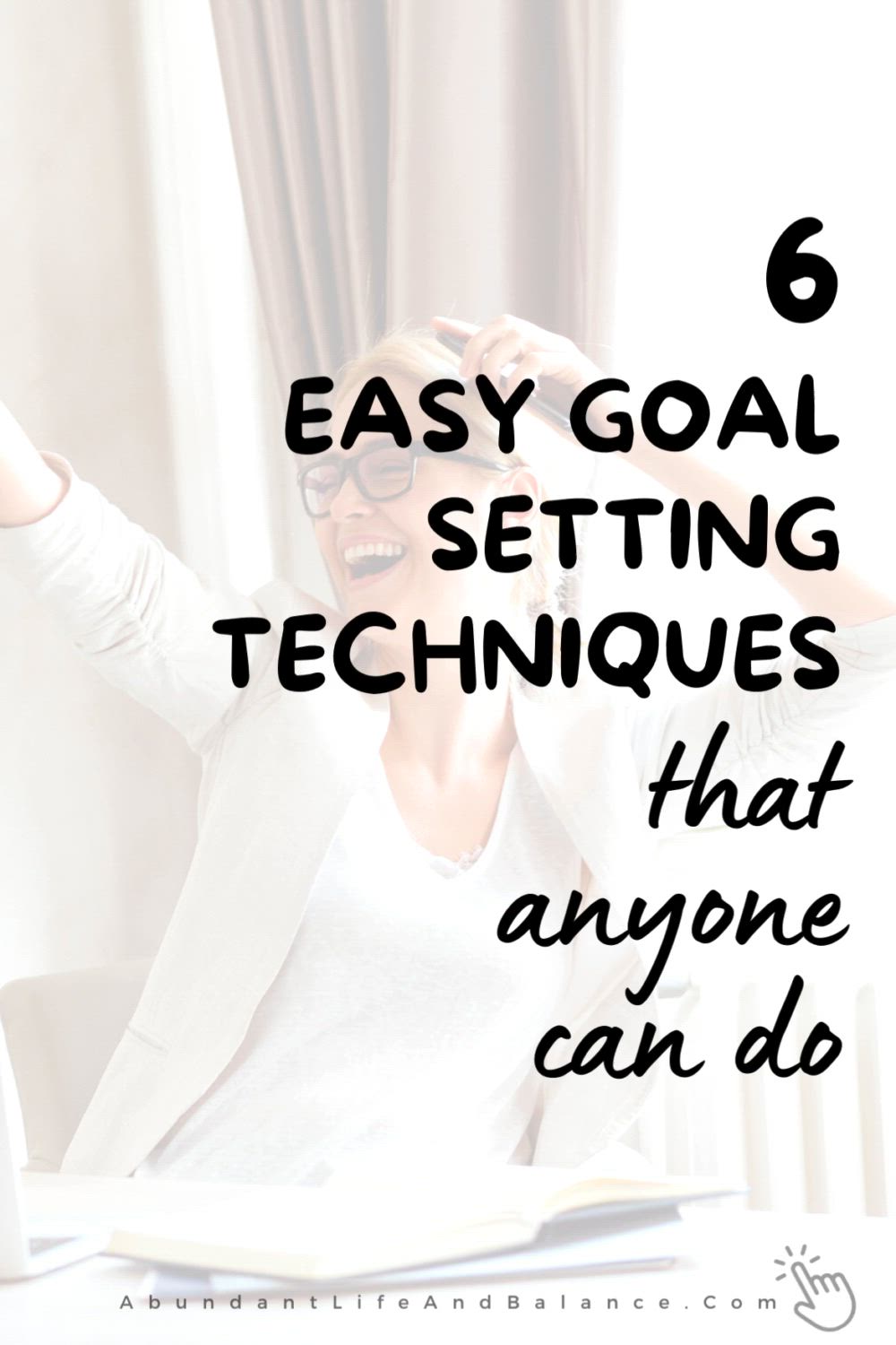 This may contain: a woman sitting in front of a laptop computer with the text 6 easy goal setting techniques that anyone can do